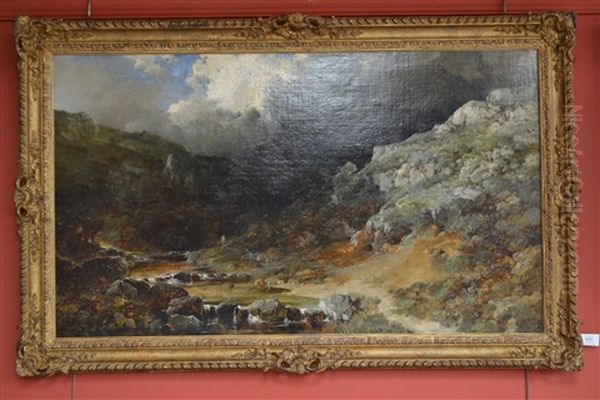 Mountainous River Landscape With An Angler Beside A Path - view 1