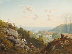 Extensive Landscape With Distant View Of A Town And Children Climbing Rocks In The Foreground by Edmund John Niemann