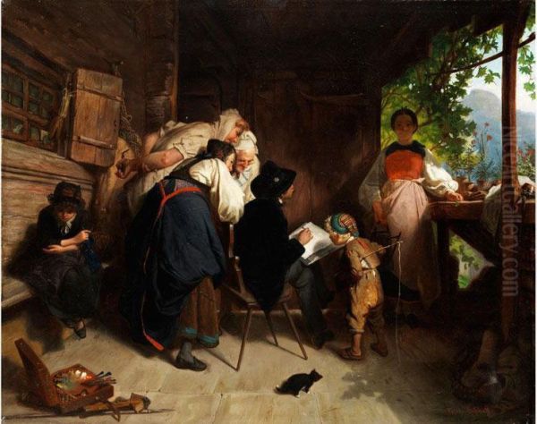Junger Maler Beim Portraitieren Eineshubschen Bauernmadchens - view 1
