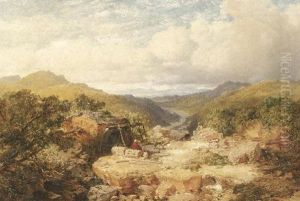 Im Schottischen Hochland. Wanderer Vor Einer Wassermuhle