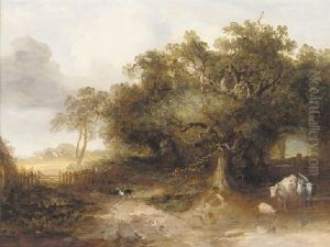 Cattle And A Sheep Watering In A Wooded Landscape, Lane End, Buckinghamshire