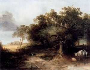 Cattle Watering In A Woodland With An Extensive Landscape Beyond Cattle Watering In A Woodland With An Extensive Landscape Beyond