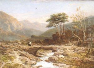 Rocky River Landscape, With Figures On A Bridge, Hills Beyond Rocky River Landscape, With Figures On A Bridge, Hills Beyond