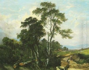 An Extensive Landscape With Figures On A Path In The Foreground, A Figure With A Fishing Pole Amongst The Trees And Houses Beyond by Edmund John Niemann
