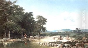 An Extensive Landscape At Abergavenny With A Fisherman And A Mother And Child On Rocks In The Foreground by Edmund John Niemann