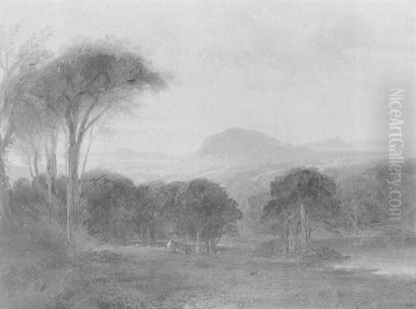 Figures On A Wooded Lake Landscape, A Cattle And Hills Beyond - view 1