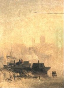 Barges On The River Witham On A Misty Day, Lincoln Cathedral Beyond by Edmund John Niemann
