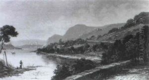 A River Landscape With Sailing Boats And A Village Beyond by Edmund John Niemann