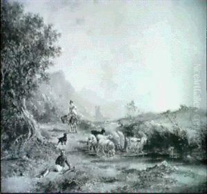 Goats And Sheep At A Country Pool by Edmund John Niemann
