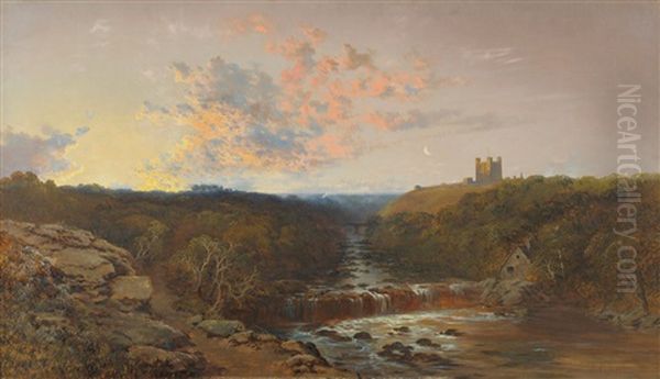 Richmond Castle On The River Swale At Twilight - view 1