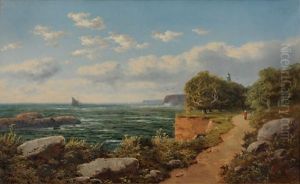 View Across A Bay, A Figure On A Path In The Foreground, Shipping And A Tower Beyond View Across A Bay, A Figure On A Path In The Foreground, Shipping And A Tower Beyond