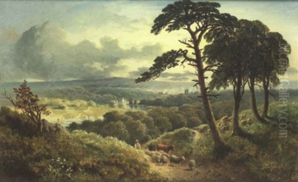 Driving Cattle And Sheep On A Woodland Path, A Valley Beyond - view 1