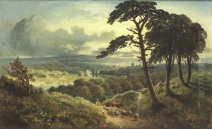 Driving Cattle And Sheep On A Woodland Path, A Valley Beyond