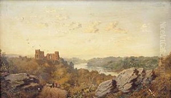 Extensive Landscape With Ruined Castle And Figures With Sheep Walking Along A Rough Country Track At Dusk - view 1