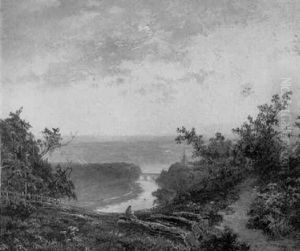 A Figure Resting On A Logpile With A Viaduct Beyond