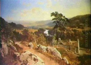 An Extensive River Landscape With A Stone Cottage In The Foreground by Edward H. Niemann