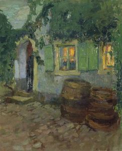 Weinumrankter Hof Mit Holzfassern (+ Study; 2 Works)