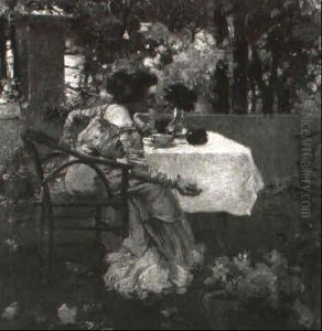 Dame Zur Teestunde Auf Der Veranda by Adelbert Niemeyer