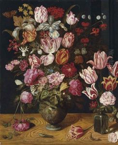 Tulips, Roses, Turk's Cap Lilies, Columbines, Carnations And Other Flowers In A Ceramic Vase, With Tulips In A Glass Vase, On A Wooden Ledge... by Adriaen van Nieulandt