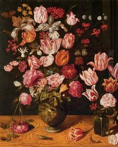 Fleurs Dans Deux Vases, L'un En Pierre Et L'autre En Verre, Sur Un Entablement En Bois by Adriaen van Nieulandt