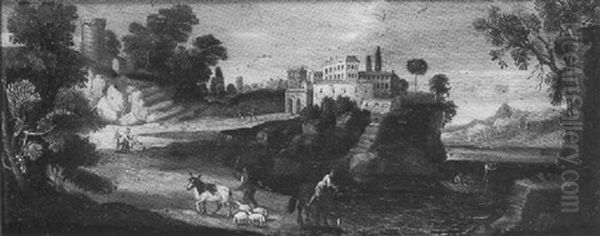 Paysage De Bord De Riviere Anime De Bergers Et De Leur Troupeau - view 1