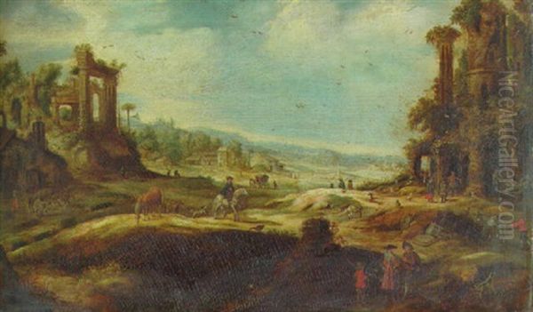 An Extensive Landscape With Travellers By Ruins - view 1