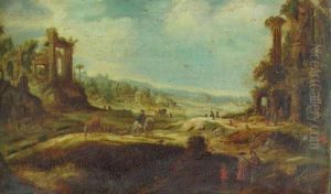 An Extensive Landscape With Travellers By Ruins by Adriaen van Nieulandt