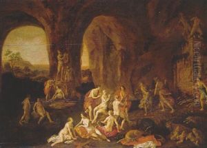Diana And Her Nymphs Resting In A Cave, Among Classical Statues by Adriaen van Nieulandt