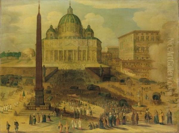 Saint Peter's Square, Rome, With A Procession Of Cardinals And Cannons Firing In Salute - view 1