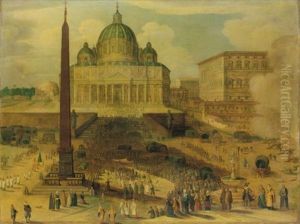 Saint Peter's Square, Rome, With A Procession Of Cardinals And Cannons Firing In Salute