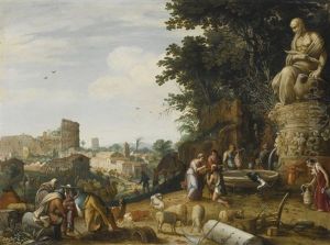 A Capriccio View Of Rome With The Colosseum And Rebecca And Eliezer By A Statue Of Zeus