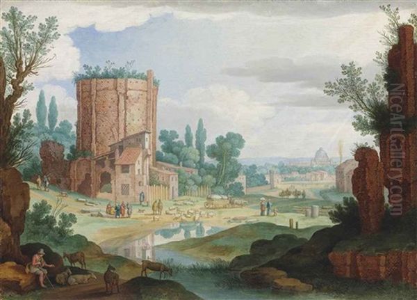 An Italianate Landscape With Classical Ruins, Reminiscent Of The Terme Di Traiano, Shepherds Watering Their Flocks, A View Of Rome In The Distance - view 1