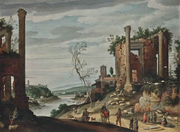 A River Landscape With Classical Ruins, Shepherds And Shepherdesses And Their Flock - view 1