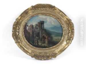 Ruines Antiques Dans Un Village Anime De Promeneurs