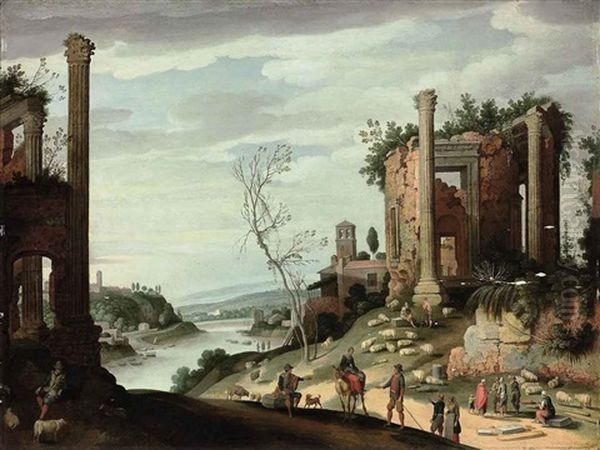 A River Landscape With Classical Ruins, Shepherds And Shepherdesses With Their Flock - view 1
