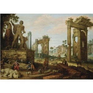 The Forum Romanum: Shepherds With Their Flock Amidst The Remains Of Roman Antiquities, An Amorous Peasant Couple In The Foreground