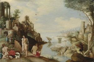 A Capriccio Landscape With Men Bathing by Willem van, the Younger Nieulandt