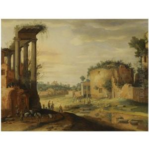 A Capriccio Italianate Landscape With Travellers By Classical Ruins In The Foreground by Willem van, the Younger Nieulandt