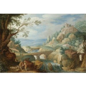 A Mountainous River Landscape With Herdsmen Resting Their Goats In The Foreground by Willem van, the Younger Nieulandt