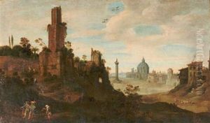 An Extensive Landscape With Elegant Figures Passing A Beggar On A Track