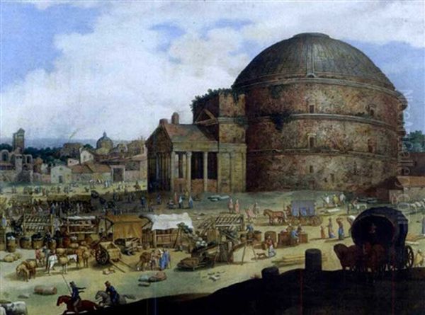 Busy Market Scene Outside The Pantheon At Rome - view 1