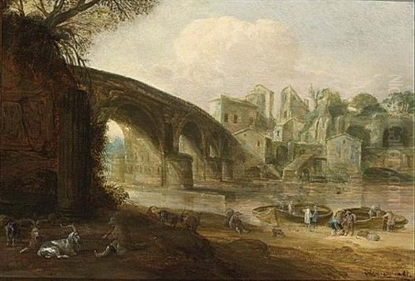 A Shepherd And His Herd Near A River With A Stone Bridge - view 1