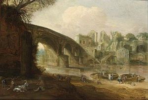 A Shepherd And His Herd Near A River With A Stone Bridge by Willem van, the Younger Nieulandt