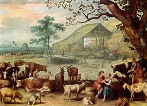 A Landscape With Amorous Shepherds And Their Herd With Another Shepherd Near A Tree In The Foreground, A View Of A Farm With A Horse-drawn Cart And Cows And Sheep Beyond by Willem van, the Younger Nieulandt