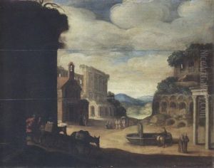 A Roman Landscape With A Drover And His Donkeys Before Ruins And Figures By A Fountain In The Distance A Roman Landscape With A Drover And His Donkeys Before Ruins And Figures By A Fountain In The Distance