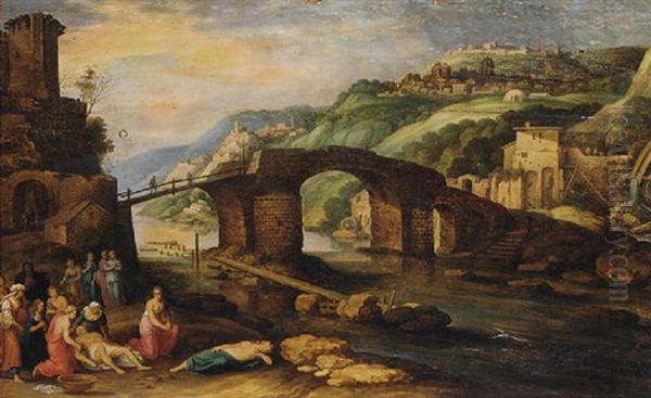 An Italianate Landscape With A Bridge Before A Town, Hero And Leander In The Foreground - view 1