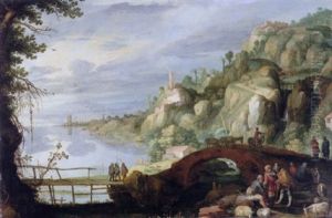 A Rocky River Landscape With Shepherds, Goatherds And Their Livestock Resting On A Path, A Mule Train Beyond by Willem van, the Younger Nieulandt