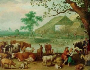 A Farmyard With A Couple Sitting Beneath A Tree, A Shepherd With His Livestock Beyond by Willem van, the Younger Nieulandt