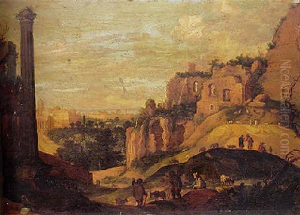 A Capriccio View Of Rome, With Figures And Farm Animals Near Ruins In The Foreground - view 1