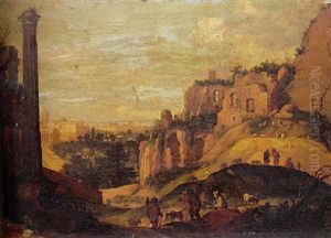 A Capriccio View Of Rome, With Figures And Farm Animals Near Ruins In The Foreground by Willem van, the Younger Nieulandt
